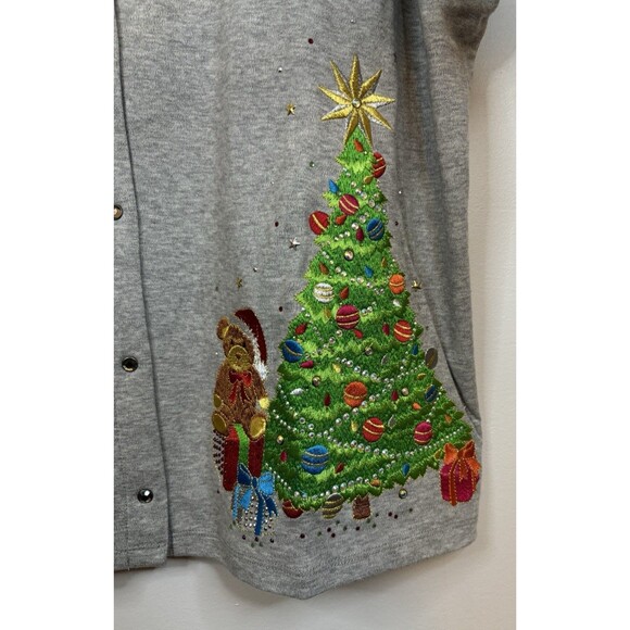 QUAKER FACTORY Embellished Christmas Gray Snap Front Sweatshirt 2X Holiday Tree - Picture 14 of 16